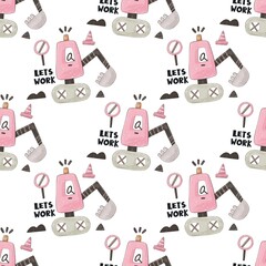 seamless pattern with cartoon bulldozer, decor elements. Colorful illustration flat style for kids. hand drawing. baby design for fabric, print, wrapper, textile