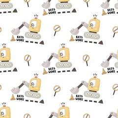 seamless pattern with cartoon bulldozer, decor elements. Colorful illustration flat style for kids. hand drawing. baby design for fabric, print, wrapper, textile