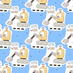 seamless pattern with cartoon bulldozer, decor elements. Colorful illustration flat style for kids. hand drawing. baby design for fabric, print, wrapper, textile