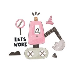 cartoon bulldozer, hand drawing lettering. Colorful illustration, flat style. fruit themed. hand drawing. baby design for cards, poster decoration, t-shirt print