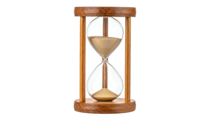 An hourglass with wood frame, sand trickling. Time passes, the grains slowly fall