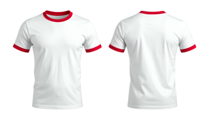 Front and back views of a white t-shirt with red trim around the collar and sleeves