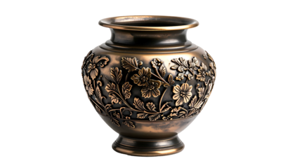 Bronze vase featuring ornate floral relief on a black background, classic design