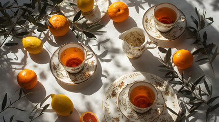 Sunlit tea setting with glass cups, fresh citrus fruit, and olive branches on bright background, conveying wellness, calm lifestyle, and elegant morning ritual

