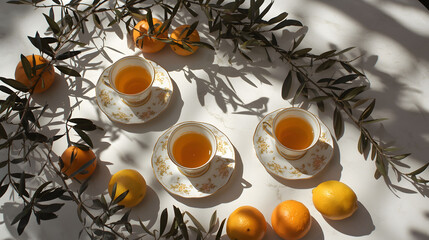 Sunlit tea setting with glass cups, fresh citrus fruit, and olive branches on bright background, conveying wellness, calm lifestyle, and elegant morning ritual
