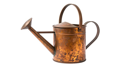 Rustic copper watering can with spout and handle, set against a black background