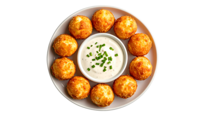 Golden fried, round food surrounding a dip, garnished with herbs, on a white plate