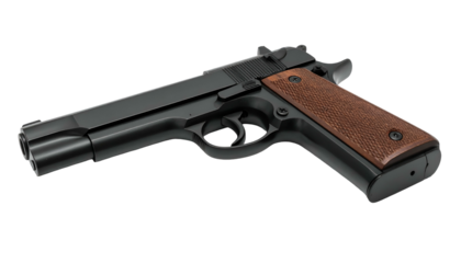 A semi-automatic pistol with a black finish and wooden grip, isolated on black
