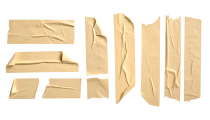 Set of beige tape pieces, some folded, creased, and torn, isolated on black background