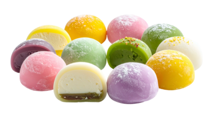 Colorful mochi desserts, some cut, dusted with powdered sugar, variety of flavors