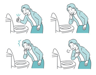 トイレで便の状態を確認する高齢女性のイラストセット（OK・困る・驚く・安心）