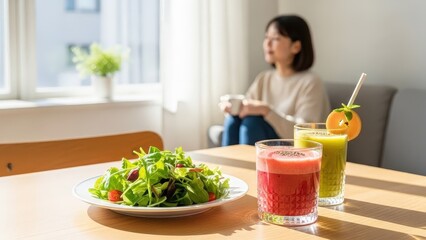Woman Preparing a Smoothie for Breakfast in a Bright Sunlit Room