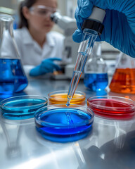 Scientific laboratory research with petri dish and pipette analyzing liquid samples for biotechnology chemistry and medical innovation