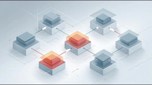 Abstract digital network of interconnected data blocks, symbolizing distributed ledger technology, cloud computing infrastructure, and secure server architecture for advanced information systems