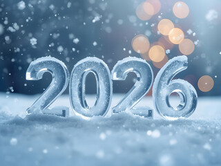 2026 New Year winter background with icy numbers snowfall bokeh lights and cold seasonal holiday celebration concept