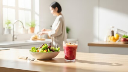 Woman Preparing a Smoothie for Breakfast in a Bright Sunlit Room