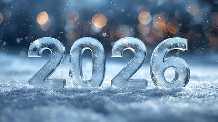 2026 New Year winter background with icy numbers snowfall bokeh lights and cold seasonal holiday celebration concept