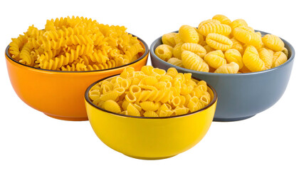 Three colorful bowls filled with different dried pasta shapes