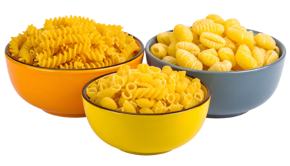 Three colorful bowls filled with different dried pasta shapes