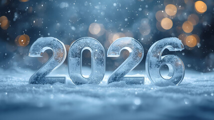 2026 New Year winter background with icy numbers snowfall bokeh lights and cold seasonal holiday celebration concept
