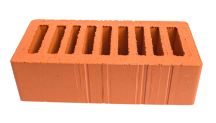 A single, rectangular, red-orange brick with rectangular holes and ridges, against black