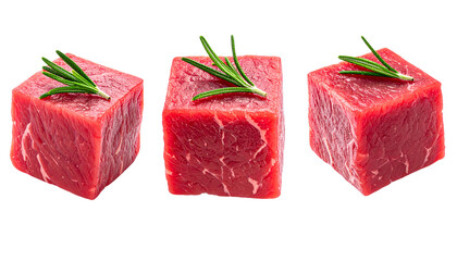 Three raw, cubed meat portions, each topped with a sprig of green herb against black