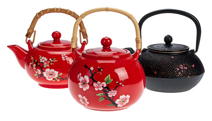 Three ceramic teapots, one red, one floral, and one black, all with handles and lids