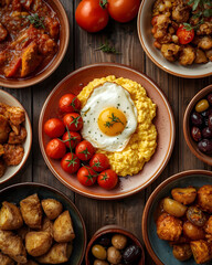 Traditional Mediterranean breakfast and meze platter with eggs potatoes olives and assorted dishes served on rustic table