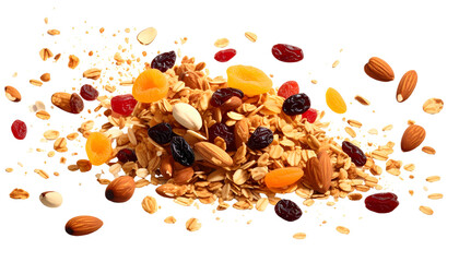 A vibrant, overhead shot showcasing a healthy mix of granola, nuts, and dried fruits
