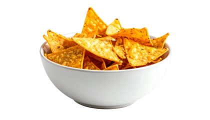 A white bowl overflowing with seasoned, golden-yellow tortilla chips