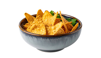 Close-up of a rustic bowl filled with seasoned, golden, triangular corn chips