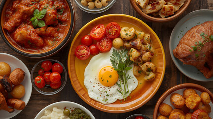 Traditional Mediterranean breakfast and meze platter with eggs potatoes olives and assorted dishes served on rustic table