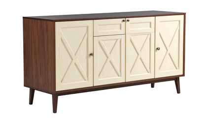 Medium shot of a mid-century modern style wood cabinet with white doors and brown trim