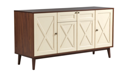 Medium shot of a mid-century modern style wood cabinet with white doors and brown trim