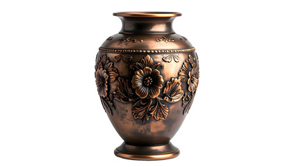 Ornate copper vase with floral relief, elegant shape, and rich patina against a black background
