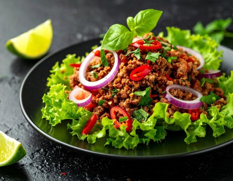 W&uuml;rziger Thai-Hackfleischsalat auf Salatblatt &ndash; Traditionelle thail&auml;ndische K&uuml;che