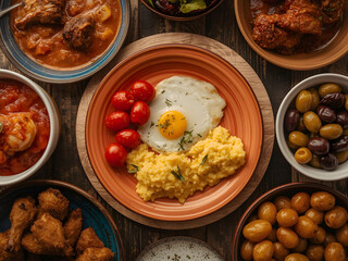 Traditional Mediterranean breakfast and meze platter with eggs potatoes olives and assorted dishes served on rustic table