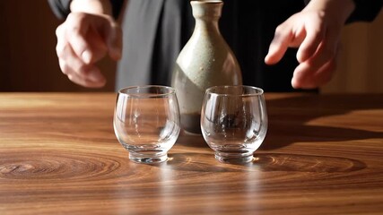A person placing two empty glasses on a wooden table next to a sake bottle preparing for a drink.