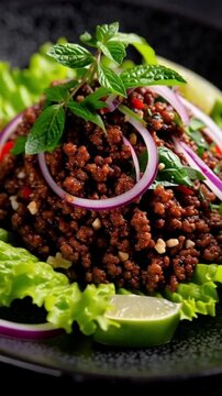 W&uuml;rziger Thai-Hackfleischsalat auf Salatblatt &ndash; Traditionelle thail&auml;ndische K&uuml;che