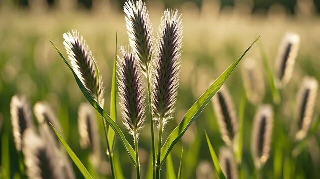 Closeup of sunlit foxtail grass in a field showcasing the delicate textures and natural beauty of the plant in a serene outdoor setting.