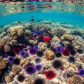 Vibrant Coral Reef Ecosystem with Sea Urchins and Marine Life.