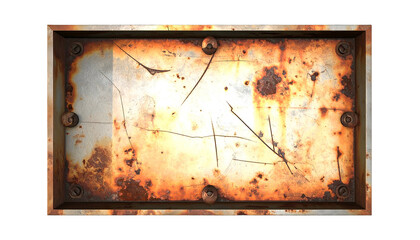 An overhead shot of a rusted rectangular metal plate with screws in each corner
