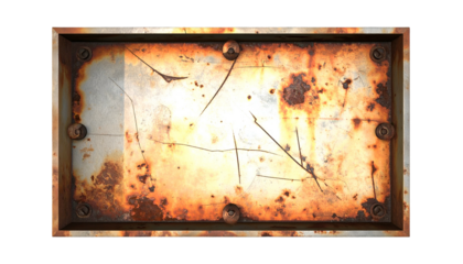 An overhead shot of a rusted rectangular metal plate with screws in each corner