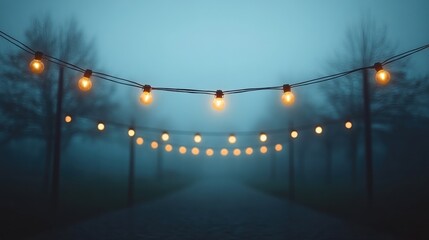Fototapeta premium Misty evening path with string lights