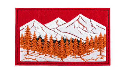 Rectangular patch depicting snowy mountains above a forest of orange trees, red border