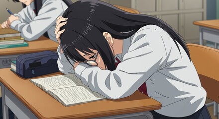 Tired Student in Classroom: An anime-style depiction portrays a student in a classroom, with the person appearing overwhelmed, resting their head on a desk, capturing the essence of weariness.