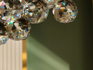 Background of beautiful crystal chandeliers casting a warm light, with reflections dancing through brushed Czech glass crystals hanging from a vintage fixture, leaving ample copy space.