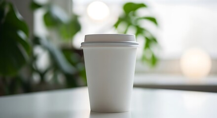 Stacked disposable coffee cups on modern table with green plants in background