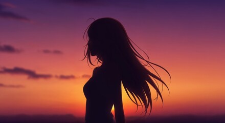 Fototapeta premium Sunset Silhouette: A solitary figure, silhouetted against a vibrant sunset, embodies solitude and contemplation, capturing a moment of peace amid nature's grandeur.