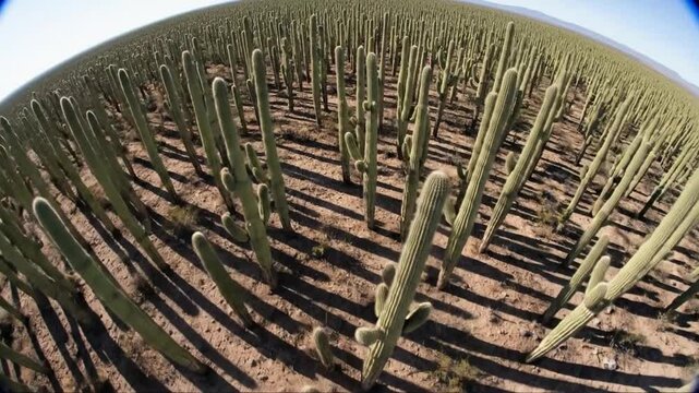 Expansive Desert Scene Filled with Tall Cacti Under Clear Blue Sky